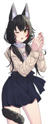 Rule 34 | 1girl, animal ear fluff, animal ears, black hair, black skirt, blush, brown sweater vest, commentary request, hair between eyes, highres, hololive, jewelry, long hair, looking at viewer, multicolored hair, nail polish, necklace, nemurimangetsu, one eye closed, ookami mio, ookami mio (street), open mouth, own hands together, red hair, red nails, shirt, sidelocks, simple background, skirt, solo, streaked hair, sweater vest, tail, tail around own leg, virtual youtuber, white background, white shirt, wolf ears, wolf girl, wolf tail, yellow eyes