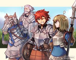 Rule 34 | 1boy, 1girl, armor, artist name, beard, blue eyes, blue sky, breastplate, brown gloves, brown hair, character request, chloe (unicorn overlord), closed eyes, commentary, english commentary, facial hair, gender request, gloves, gzei, hand on own hip, highres, holding, holding polearm, holding shield, holding weapon, horse, josef (unicorn overlord), letterboxed, medium hair, mustache, notice lines, one eye closed, open mouth, outdoors, polearm, puff of air, red hair, scale armor, sheath, sheathed, shield, short hair, sky, smile, spear, sweat, sword, teeth, unicorn overlord, weapon, white hair