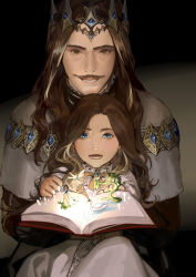 Rule 34 | 1boy, 1girl, apple, bernadette gustav, blue eyes, book, brown eyes, brown hair, cape, chinese commentary, commentary request, crown, dress, facial hair, father and daughter, food, fruit, highres, holding, holding book, long hair, lord of the mysteries, mustache, open mouth, orange neckwear, pages, peter pan, ribbon, roselle gustav, smile, snow white (disney), snow white and the seven dwarfs, teeth, the ugly duckling, tinker bell (disney), water, yinyoushirenmaotouying, aged down