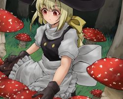 Rule 34 | 1girl, apron, back bow, black gloves, black skirt, black vest, blonde hair, bow, breasts, buttons, commentary request, frilled apron, frills, gloves, hair bow, hat, kirisame marisa, mushroom, ponytail, red eyes, skirt, small breasts, solo, tierra misu, touhou, vest, waist apron, waist bow, white apron, white bow, witch hat, yellow bow
