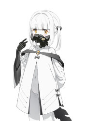 Rule 34 | 1girl, bare shoulders, black mask, blue archive, bodysuit, coat, colored skin, ein (blue archive), extra pupils, mask, mechanical hands, mechanical tail, respirator, simple background, solo, symbol-shaped pupils, tail, twintails, u0w0v, white background, white bodysuit, white coat, white hair, white skin, x-shaped pupils, yellow eyes