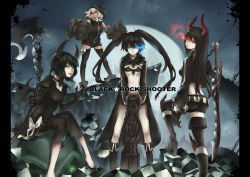 Rule 34 | 10s, 4girls, :p, arm cannon, bikini, bikini top only, black gold saw, black hair, black rock shooter, black rock shooter (character), blue eyes, boots, dead master, glowing, glowing eyes, green eyes, highres, hong (luckeydog), horns, king saw, long hair, multiple girls, pale skin, red eyes, scar, short hair, strength (black rock shooter), swimsuit, sword, thighhighs, tongue, tongue out, twintails, weapon, white hair, yellow eyes
