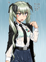Rule 34 | anchovy (girls und panzer), belt, belt buckle, black cape, black necktie, black ribbon, black skirt, bra, bra visible through clothes, brown eyes, buckle, cape, check rating, commentary request, drill hair, girls und panzer, green bra, green hair, hair ornament, hair ribbon, long sleeves, necktie, oosaka kanagawa, pleated skirt, rain, ribbon, see-through, shirt, skirt, translation request, twin drills, twintails, underwear, water drop, wet, wet clothes, wet hair, wet shirt, wet skirt, white shirt