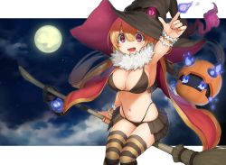 Rule 34 | 1girl, arm up, bikini, black bikini, black hat, blonde hair, blush, breasts, broom, broom riding, cleavage, hat, index finger raised, large breasts, long hair, looking at viewer, navel, open mouth, original, red eyes, seramikku, sitting, smile, solo, striped clothes, striped thighhighs, swimsuit, thighhighs, witch, witch hat