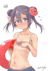Rule 34 | 2girls, akebono (kancolle), alternate hairstyle, bare shoulders, bell, bikini, bikini top lift, bikini top only, blush, breasts, clothes lift, double bun, embarrassed, flower, fyuo, hair bell, hair bun, hair flower, hair ornament, hand on own hip, hibiscus, highres, innertube, kantai collection, light purple hair, looking at viewer, multiple girls, purple eyes, sketch, small breasts, solo, squiggle, swim ring, swimsuit, tan, tanline, wavy mouth