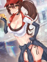 Rule 34 | 1girl, baseball cap, breasts, brown hair, choker, cleavage, clothes around waist, elbow gloves, employee uniform, ero waifu, fingerless gloves, food, gloves, hand on own hip, hat, large breasts, league of legends, looking at viewer, midriff, navel, no pants, panties, parted lips, pizza, pizza delivery sivir, ponytail, shirt, side-tie panties, sivir, solo, t-shirt, thighhighs, underwear, uniform, yellow eyes