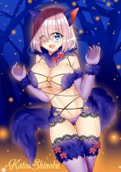 Rule 34 | 1girl, animal ears, artist name, blue eyes, fang, fate/grand order, fate (series), halloween costume, highres, katou shinobu, mash kyrielight, mash kyrielight (dangerous beast), official alternate costume, purple hair, short hair, solo, tail, thighhighs, wolf ears, wolf tail