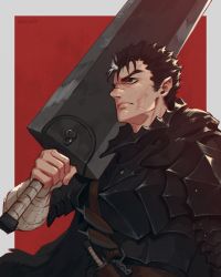 Rule 34 | 1boy, armor, artist name, bandaged arm, bandages, belt, berserk, border, brown belt, brown hair, closed mouth, commentary, from side, grey border, guts (berserk), hand up, highres, holding, holding weapon, huge weapon, jiro (ninetysix), male focus, red background, scar, short hair, solo, sword, upper body, weapon