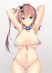 Rule 34 | 1girl, adapted costume, anchor, arms behind head, bikini, blue eyes, breasts, brown hair, closed mouth, collarbone, covered erect nipples, cowboy shot, detached collar, front-tie bikini top, front-tie top, gin&#039;ichi (akacia), kantai collection, large breasts, long hair, looking at viewer, micro bikini, navel, panties, pink background, ponytail, saratoga (kancolle), saratoga mk ii (kancolle), side-tie panties, side ponytail, sidelocks, simple background, smile, smokestack hair ornament, solo, swimsuit, underwear, upper body, white bikini