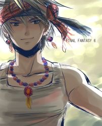 Rule 34 | 1990s (style), 1boy, bandana, copyright name, earrings, final fantasy, final fantasy vi, grey eyes, gsm101, jewelry, locke cole, male focus, necklace, silver hair, smile, solo, text focus
