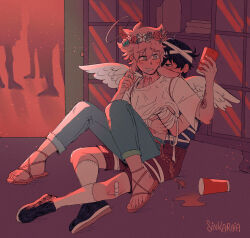 Rule 34 | 2boys, absurdres, ahoge, angel wings, arm around waist, arm tattoo, bandaged arm, bandaged head, bandages, bandages around body, bandaid, bandaid on knee, bandaid on leg, basil (omori), behind another, bite mark, bite mark on neck, black footwear, black hair, blonde hair, blue jeans, blue pants, blue shirt, blush, brown footwear, brown shorts, clothes lift, commentary request, cosplay, costume, cup, denim, drooling, ear piercing, embarrassed, eyepatch, fake halo, fake wings, flower, flower tattoo, green eyes, hair between eyes, halo, hand on another&#039;s chest, hand under clothes, hand under shirt, head wreath, highres, holding, holding cup, jeans, lifting another&#039;s clothes, looking at another, looking down, male focus, mouth drool, multiple boys, nail polish, nose blush, omori, on floor, open mouth, pants, party, piercing, sandals, scar, scar on chest, scar on stomach, shirt, shirt lift, shoes, short hair, short sleeves, shorts, sidelighting, sidelocks, sintastein, sitting, sitting on lap, sitting on person, socks, spill, sunny (omori), tagme, tattoo, teeth, trap, white shirt, white socks, wings, yaoi