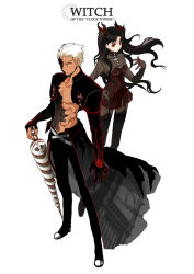 Rule 34 | 00s, 1boy, 1girl, abs, alternate costume, archer (fate), archer alter (fate), belt, between fingers, black hair, black pantyhose, black thighhighs, bow, caladbolg (fate), cross, dark-skinned male, dark persona, dark skin, dark tohsaka rin, dress, drill, elbow gloves, emiya alter, english text, facial mark, fate/stay night, fate (series), garter belt, garter straps, gloves, hair bow, hair ribbon, hand on own hip, holding, lace, lace-trimmed legwear, lace trim, long hair, long legs, milktea, muscular, pantyhose, red eyes, ribbon, role reversal, short dress, short hair, simple background, sword, thighhighs, tohsaka rin, turtleneck, twintails, two side up, type-moon, weapon, white hair, yellow eyes, zettai ryouiki