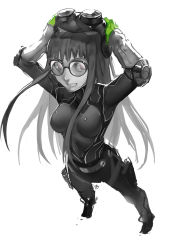 Rule 34 | 10s, 1girl, bodysuit, club3, full body, glasses, headphones, highres, limited palette, long hair, looking at viewer, monochrome, persona, persona 5, sakura futaba, simple background, smile, solo, spot color, white background
