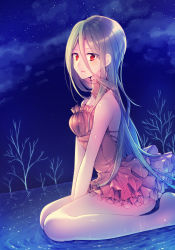 Rule 34 | 1girl, bare shoulders, bare tree, between legs, cloud, collar, dress, dutch angle, eyebrows, frilled collar, frilled dress, frills, hair between eyes, hand between legs, highres, layered skirt, legs, long hair, looking at viewer, momore (peaches), night, night sky, original, parted lips, pink dress, red eyes, reflection, ripples, shiny skin, silver hair, sitting, skirt, sky, solo, star (sky), starry sky, thighs, tree, very long hair, wariza, water, water surface