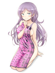 Rule 34 | 10s, 1girl, arm support, blush, breasts, full body, green eyes, kneeling, kuinji 51go, large breasts, long hair, looking at viewer, love live!, love live! school idol project, nude, purple hair, smile, solo, tojo nozomi, towel, twintails