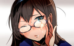 Rule 34 | 10s, 1girl, blue eyes, brown hair, cum, cum on eyewear, facial, glasses, hairband, kantai collection, lips, long hair, mocco, one eye closed, ooyodo (kancolle), solo, wince