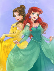 Rule 34 | 2girls, ano (sbee), ariel (disney), artist name, back-to-back, beauty and the beast, belle (disney), blue background, blue eyes, brown eyes, brown hair, crossover, disney, dress, earrings, elbow gloves, gloves, green background, hair bun, happy birthday, jewelry, long hair, long sleeves, looking at viewer, multiple girls, red hair, shell, single hair bun, smile, the little mermaid, yellow dress