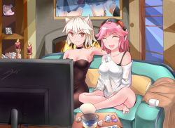 Rule 34 | 2girls, animal ears, bad id, bad pixiv id, barefoot, bismarck (warship girls r), black bra, bra, candle, cat ears, choker, closed eyes, couch, highres, indian style, indoors, looking at another, multiple girls, off shoulder, open mouth, photo (object), pink hair, qiancong, red eyes, short hair, sitting, strapless, television, tirpitz (warship girls r), underwear, warship girls r, white hair