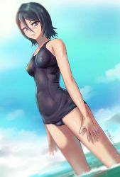 Rule 34 | 1girl, black eyes, black hair, black one-piece swimsuit, bleach, blue sky, blush, breasts, breasts apart, cloud, covered erect nipples, day, hair between eyes, highres, kuchiki rukia, ocean, one-piece swimsuit, outdoors, parted lips, school swimsuit, shiny skin, short hair, sky, small breasts, solo, summer, swimsuit, wading