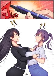 Rule 34 | !?, 2girls, ?, ??, absurdres, artist name, bad id, bad pixiv id, band-width, black hair, breast press, breasts, cleavage, comic, highres, holding another&#039;s wrist, large breasts, long hair, looking at another, motion lines, multiple girls, office lady, open mouth, original, pen, pencil skirt, personification, ponytail, purple hair, signature, skirt, surprised, symmetrical docking, watch, wristwatch, yuri