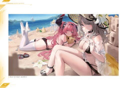 Rule 34 | 2girls, animal, ass, azur lane, bare shoulders, beach, bikini, bird, blush, boat, breasts, bucket, chair, character name, charybdis (azur lane), choker, cleavage, closed mouth, criss-cross halter, flower, grey eyes, grey hair, hair over one eye, halterneck, hat, high heels, highres, holding, holding shovel, horns, large breasts, leviathan (hikinito0902), long hair, looking at viewer, lying, manjuu (azur lane), multiple girls, non-web source, ocean, official art, on stomach, page number, parted lips, pink hair, prinz rupprecht (azur lane), purple eyes, sand, sand castle, sand sculpture, sandals, shovel, sitting, smile, stuffed animal, stuffed toy, sun hat, swimsuit, thighhighs, thighs, very long hair, water, watercraft, wedge heels