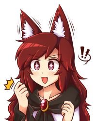 Rule 34 | !, !!, + +, 1girl, :d, ^^^, animal ear fluff, animal ears, blush, brooch, fang, imaizumi kagerou, jewelry, long hair, nail polish, open mouth, red nails, simple background, smile, solo, touhou, white background, wide sleeves, wolf ears, wool (miwol)