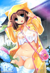 Rule 34 | 1girl, :d, absurdres, bag, blue eyes, breasts, brown hair, flower, handbag, highres, hydrangea, kiya shii, navel, nipples, no bra, no pants, open mouth, original, panties, raincoat, see-through, see-through silhouette, shirt, small breasts, smile, snail, solo, sparkle, string panties, striped clothes, striped thighhighs, thighhighs, undershirt, underwear, wet, wet clothes, wet shirt, white panties