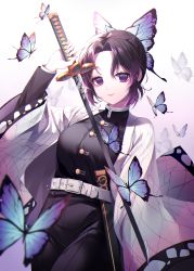 Rule 34 | 1girl, absurdres, belt, belt buckle, black hair, black jacket, black pants, blue butterfly, blurry, blurry foreground, buckle, bug, butterfly, butterfly hair ornament, closed mouth, commentary request, gradient hair, hair intakes, hair ornament, haori, highres, holding, holding sword, holding weapon, insect, jacket, japanese clothes, katana, kimetsu no yaiba, kochou shinobu, long jacket, looking at viewer, military, military jacket, military uniform, multicolored hair, naru 0, pants, purple eyes, purple hair, revision, scabbard, sheath, short hair, sleeveless, sleeveless jacket, smile, solo, standing, sword, uniform, weapon, white background, white belt