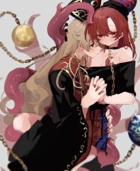 Rule 34 | 2girls, ayahi 4, bare shoulders, black nails, blonde hair, blush, breasts, chain, cleavage, collar, collarbone, earth (ornament), gold chain, grey background, hand on another&#039;s waist, hand up, hecatia lapislazuli, highres, interlocked fingers, junko (touhou), licking another&#039;s neck, long hair, looking at another, medium breasts, moon (ornament), multiple girls, nail polish, off-shoulder shirt, off shoulder, phoenix crown, profile, red eyes, red hair, red nails, shirt, simple background, touhou, very long hair, yuri