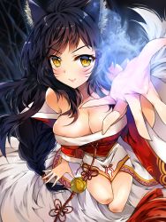Rule 34 | 1girl, ahri (league of legends), animal ears, bare shoulders, black hair, blush, breasts, cleavage, collarbone, detached sleeves, facial mark, fox ears, fox tail, highres, korean clothes, large breasts, league of legends, lips, long hair, low neckline, multiple tails, nia (leafunia), slit pupils, solo, tail, whisker markings, yellow eyes