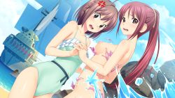 Rule 34 | 10s, 2girls, anger vein, angry, breasts, brown eyes, brown hair, game cg, highres, holding hands, kitami minamo, koigakubo chihaya, koutaro, long hair, multiple girls, nipples, open mouth, ponytail, red hair, short hair, swimsuit, tropical kiss, tropical vacation, twinkle (company)