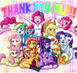 Rule 34 | 6+girls, absurdres, applejack, blush, boots, closed eyes, dual persona, female focus, fluttershy, highres, looking at viewer, multiple girls, my little pony, my little pony: equestria girls, my little pony: friendship is magic, one eye closed, open mouth, pegasus, pinkie pie, pony (animal), rainbow dash, rarity (my little pony), sci-twi, shoes, sitting, skirt, smile, socks, standing, sunset shimmer, tank top, twilight sparkle, unicorn, uotapo, winged unicorn, wink