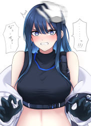 Rule 34 | 1girl, ^^^, absurdres, armband, asahina tou, bare shoulders, belt, black gloves, black shirt, blue archive, blue eyes, blue hair, blush, breasts, buckle, chest harness, clenched teeth, commentary request, crop top, disembodied limb, eyebrows hidden by hair, gloves, hair between eyes, harness, headpat, highres, jacket, long hair, long sleeves, looking at viewer, medium breasts, midriff, motion blur, off shoulder, open clothes, open jacket, saori (blue archive), shirt, sidelocks, simple background, sleeveless, sleeveless shirt, snap-fit buckle, solo, speech bubble, standing, sweat, taut clothes, taut shirt, teeth, translation request, underbust, upper body, white background, white jacket