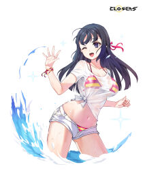 1girl ;d alternate_hair_color bikini bikini_under_clothes bikini_under_shorts black_hair breasts closers copyright_name cowboy_shot hair_ribbon hands_up highres large_breasts levia_(closers) logo long_hair looking_to_the_side multicolored_bikini multicolored_clothes multicolored_ribbon navel no_pupils official_art one_eye_closed open_mouth purple_eyes red_bikini red_ribbon ribbon see-through see-through_shirt shirt short_shorts short_sleeves shorts smile solo sparkle splashing stomach string_bikini striped_bikini striped_clothes swimsuit t-shirt tied_shirt variant_set wading water wet wet_clothes wet_shirt white_background white_shirt white_shorts wrist_ribbon yellow_bikini yellow_ribbon