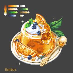 artist_name bamboobeboo blueberry color_guide cream flower food food_focus fruit grey_background no_humans orange_(fruit) orange_slice original pixel_art plate pudding spoon still_life