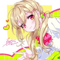 Rule 34 | 1girl, blonde hair, blush, bow, bowtie, closed mouth, denonbu, green nails, hair between eyes, hair ornament, hairclip, heart, highres, kayano futaba, kisumi rei, long hair, long sleeves, looking at viewer, low twintails, nail polish, pink eyes, red bow, red bowtie, shirt, signature, smile, solo, twintails, twitter username, upper body, white shirt