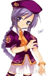 Rule 34 | 00s, 1girl, ascot, bracelet, braid, collared shirt, cowboy shot, expressionless, hat, head tilt, jacket, jewelry, long hair, looking at viewer, melty blood, purple eyes, purple hair, purple jacket, purple thighhighs, shirt, simple background, sion eltnam atlasia, skirt, solo, thighhighs, tsukihime, very long hair, white background, white skirt, zettai ryouiki
