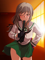 Rule 34 | 1girl, backlighting, black gloves, black neckerchief, black ribbon, blouse, blush, brown eyes, brown hair, classroom, closed mouth, commentary, cowboy shot, dated, folding fan, gift, girls und panzer, gloves, green skirt, hair ribbon, half-closed eye, hand fan, hand on own hip, highres, holding, holding behind back, holding fan, holding gift, indoors, leaning forward, long hair, long sleeves, looking at viewer, low-tied long hair, mature female, miniskirt, neckerchief, holding behind back, one eye closed, ooarai school uniform, oosaka kanagawa, pleated skirt, ribbon, sailor collar, school uniform, serafuku, shimada chiyo, shirt, skirt, smile, solo, standing, twilight, valentine, white sailor collar, white shirt, window