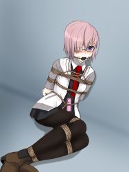 Rule 34 | arms behind back, ball gag, bdsm, bondage, boots, bound, crotch rope, fate/grand order, fate (series), femuto, forced orgasm, gag, gagged, glasses, hair over one eye, highres, legs together, looking at viewer, mash kyrielight, necktie, open clothes, open vest, pantyhose, pink hair, purple eyes, remote control vibrator, sex toy, short hair, vest, vibrator