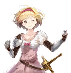 Rule 34 | 10s, 1girl, ;), armor, bad id, bad pixiv id, belt, blonde hair, breasts, brown eyes, buttons, clenched hands, collarbone, djeeta (granblue fantasy), dress, fighter (granblue fantasy), gauntlets, gloves, granblue fantasy, hairband, looking at viewer, one eye closed, puffy short sleeves, puffy sleeves, sheath, sheathed, short hair, short sleeves, simple background, small breasts, smile, sola (solo0730), solo, sword, weapon, white background