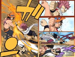 Rule 34 | 2boys, bare shoulders, black hair, blocking, commentary, crossover, death battle, english commentary, fairy tail, fighting, fire, freckles, grin, hat, henil031, jewelry, kicking, male focus, multiple boys, natsu dragneel, necklace, one piece, pink hair, portgas d. ace, scarf, topless male, smile, spiked hair, straw hat, tattoo, watermark, web address