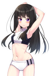 Rule 34 | &gt;:(, 1girl, absurdres, ao (flowerclasse), arms behind back, arms up, black hair, blush, breasts, buruma, closed mouth, commentary request, crop top, highres, inoue takina, light frown, long hair, looking at viewer, lycoris recoil, navel, purple eyes, simple background, small breasts, solo, v-shaped eyebrows, very long hair, white background, white buruma