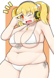 Rule 34 | 1girl, bad id, bad pixiv id, bikini, blonde hair, blush, breasts, cleavage, hachi (hachikoromura), headphones, highres, huge breasts, jewelry, large breasts, looking at viewer, navel, necklace, nitroplus, open mouth, orange eyes, plump, short hair, smile, solo, star (symbol), super pochaco, swimsuit, twintails, v over eye, white bikini