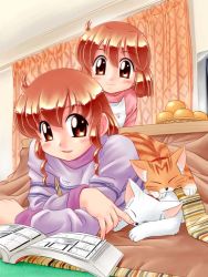 Rule 34 | 2girls, book, cat, kotatsu, kotetsu, multiple girls, original, siblings, sisters, sweater, table, zan