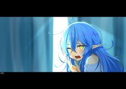 Rule 34 | 1girl, ahoge, bare shoulders, blue hair, commentary request, curtains, elf, hair between eyes, half updo, highres, hololive, homura minori, letterboxed, light rays, long hair, looking at viewer, messy hair, one eye closed, open mouth, pointy ears, signature, solo, sunbeam, sunlight, upper body, virtual youtuber, waking up, window, yawning, yellow eyes, yukihana lamy