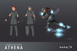 Rule 34 | 1girl, absurdres, arm warmers, armor, blue eyes, breasts, brown hair, character sheet, commission, copyright name, dark skin, full body, grey background, halo (game), halo (series), highres, looking away, magnetic weapon, mecha musume, medium breasts, military, military uniform, original, personification, ponytail, railgun, ryan greythorn, shoulder cannon, signature, standing, thrusters, turret, uniform, weapon