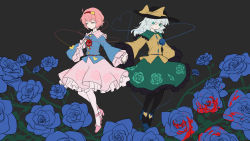 Rule 34 | 2girls, :/, ahoge, arm at side, arms at sides, black headwear, black legwear, blood, blouse, blue flower, blue footwear, blue rose, blue shirt, bow, buttons, closed mouth, diamond button, closed eyes, floral print, flower, frilled shirt collar, frilled skirt, frilled sleeves, frills, full body, green eyes, green skirt, grey background, hair between eyes, hair ornament, hairband, hand up, hat, hat bow, heart, heart button, heart hair ornament, heart of string, high heels, highres, holding hands, interlocked fingers, komeiji koishi, komeiji satori, light green hair, long sleeves, looking at another, medium hair, multiple girls, pink footwear, pink hair, pink skirt, red eyes, red hairband, rose, rose print, shirt, short hair, siblings, simple background, sisters, skirt, standing, thighhighs, third eye, thorns, touhou, wavy hair, wide sleeves, xianjian lingluan, yellow bow, yellow shirt