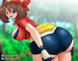 Rule 34 | 1girl, artist name, ass, ass focus, ass grab, ass support, bandana, bike shorts, blue eyes, blush, breasts, brown hair, cameltoe, come hither, creatures (company), from behind, game freak, gloves, highres, huge ass, jrpulse, large breasts, leaning, leaning forward, may (pokemon), medium hair, nintendo, open mouth, pokemon, pokemon rse, shiny clothes, shiny skin, short shorts, shorts, sideboob, smile, solo