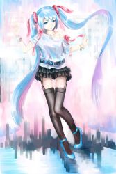 Rule 34 | 1girl, belt, blue eyes, blue hair, bracelet, fg, garter straps, hatsune miku, highres, jewelry, long hair, matching hair/eyes, necklace, skirt, solo, thighhighs, twintails, very long hair, vocaloid