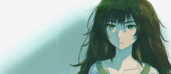 Rule 34 | 1girl, collarbone, expressionless, green eyes, green hair, highres, hiyajou maho, long hair, menomorute, messy hair, portrait, shirt, simple background, solo, steins;gate, steins;gate 0, thick eyebrows, white background